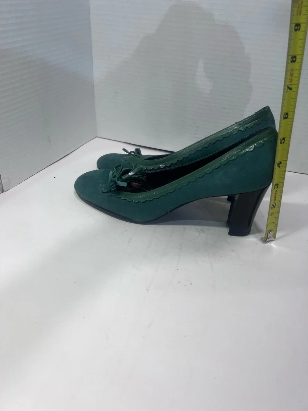 Green Suede Mid-Heel Pumps with Tassel Detail